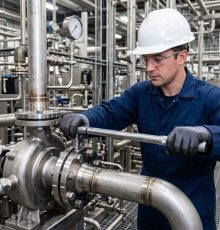 Technician performs planned maintenance on process equipment in a live production setting, supporting operations management, safety training, industrial service marketing, and reliability communications across manufacturing sectors.